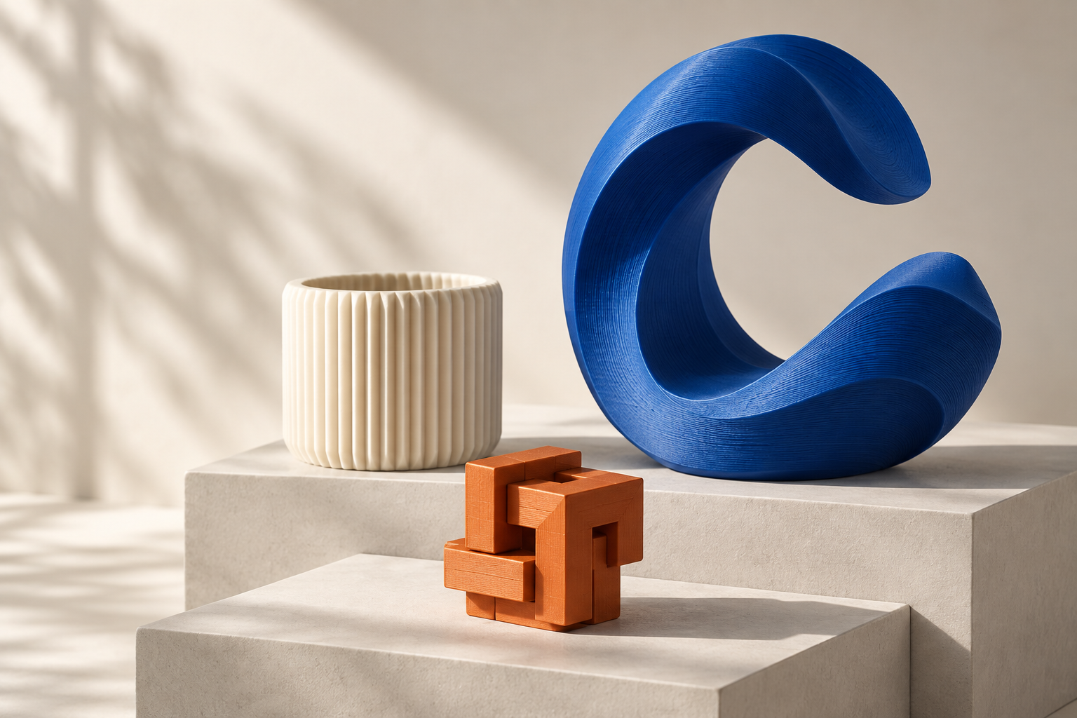 Concepto visual: escultura azul, macetero marfil y cubo cobre con textura de impresión 3D